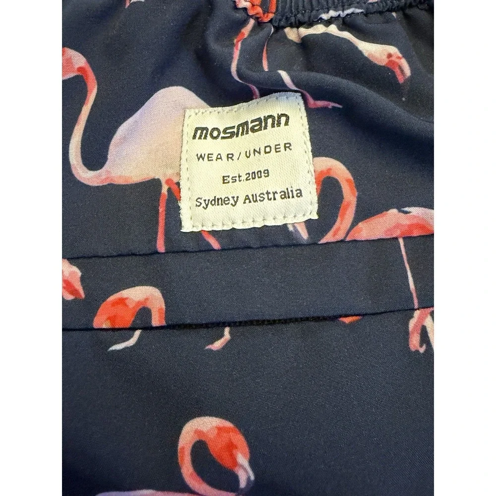 Mosmann Men's L Navy Pink Flamingo Swim Trunks Drawstring Elastic Waist Pockets